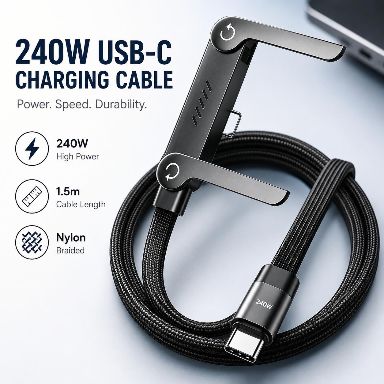 Type C to Type C Cable 240W Fast Charger Braided Cable Foldable Phone Stand 1.5m
