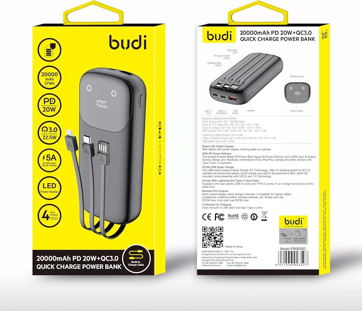 Budi Power Bank 20000mAh PD 20W + QC 3.0